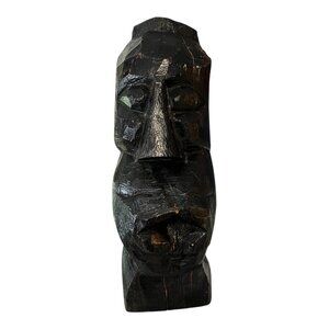 Hand-Carved Wooden Head Sculpture Folk Art Primitive Black Wood Bust